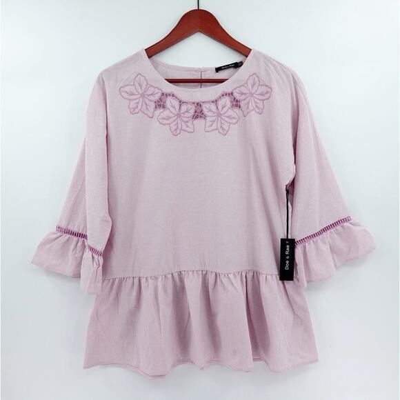 Womens Peplum Top Medium Pink Striped Ruffled Embroidered Cottagecore Modest - Picture 1 of 15